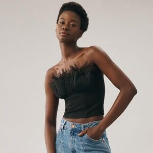 Eva Franco Strapless Tulle Corset Top Feathers Black NWT